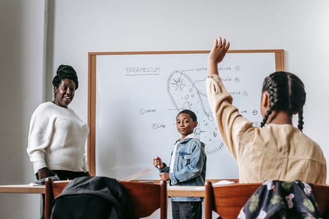 Black woman and students during lesson